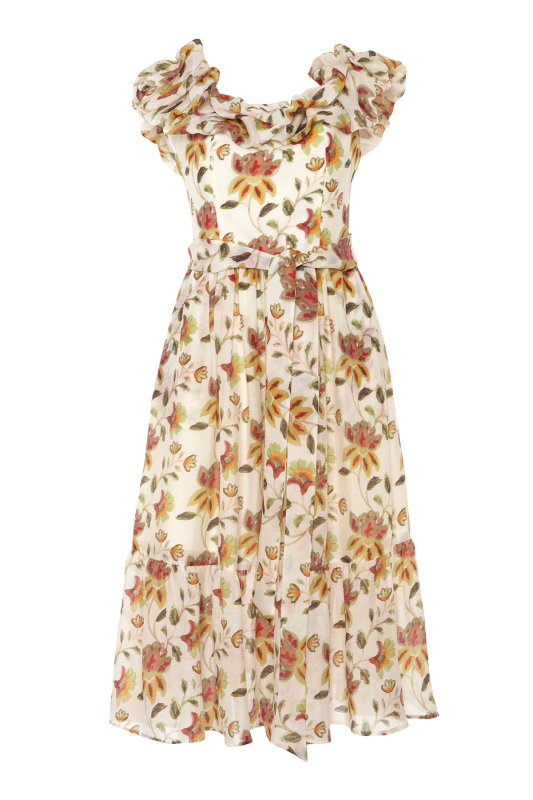 Çiçek Desenli Kayık Yaka Beli Kuşaklı Midi Boy Elbise Standart Renk - 5