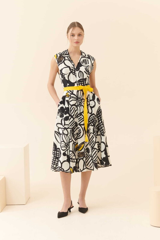  Çiçek Desenli Kuşaklı Günlük Elbise Standart Renk - 1