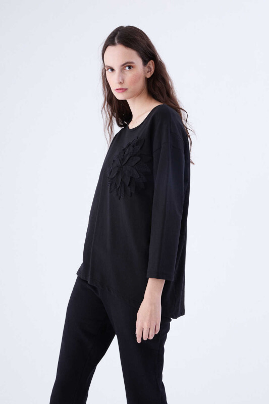  Çiçek Detaylı Kadın Kadın Sweatshirt Siyah - 3