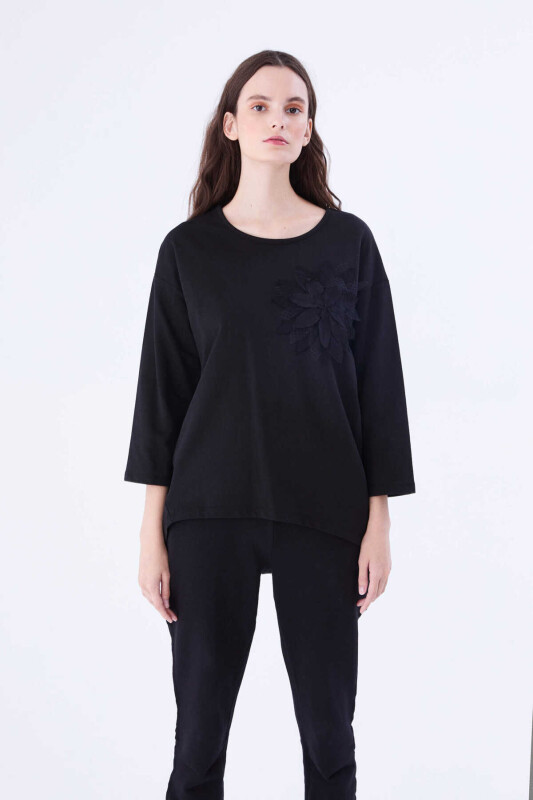  Çiçek Detaylı Kadın Kadın Sweatshirt Siyah - 1