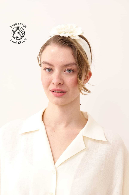 Çiçek Figürlü Keten Saç Aksesuarı Bej - Roman