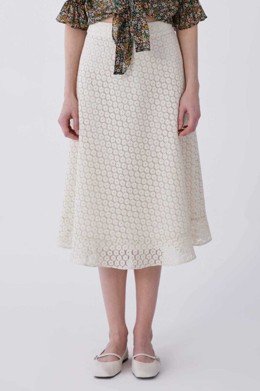 Çiçek Güpürlü Naturel Midi Etek Naturel - 1