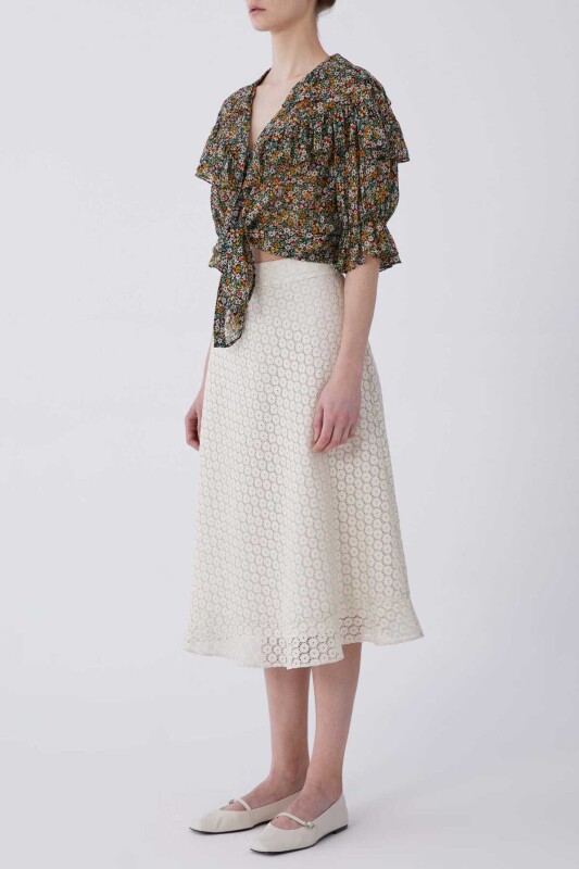 Çiçek Güpürlü Naturel Midi Etek Naturel - 3