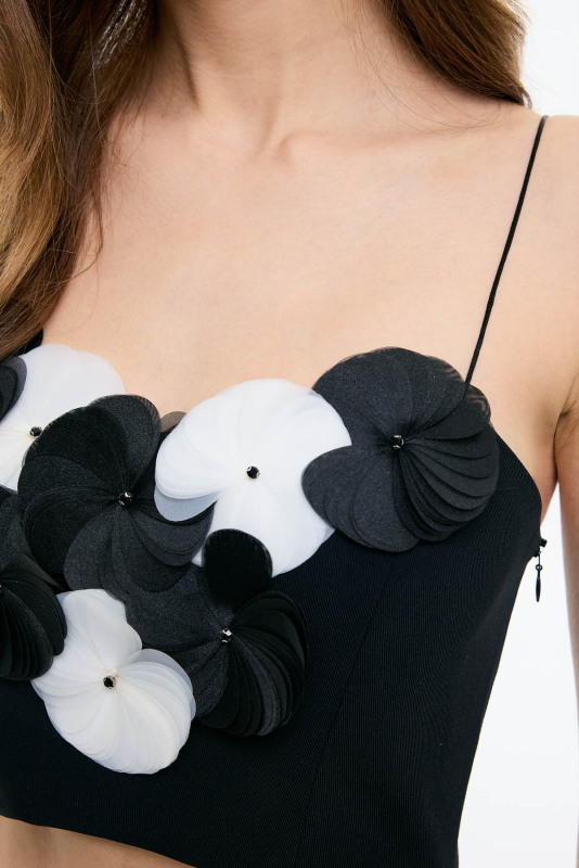 Çiçek Motifli İnce Askılı Büstiyer Siyah - 3