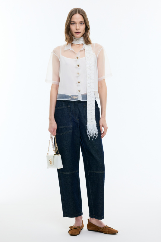 Çiçek Motifli Kısa Kol Organze Gömlek Beyaz - 4