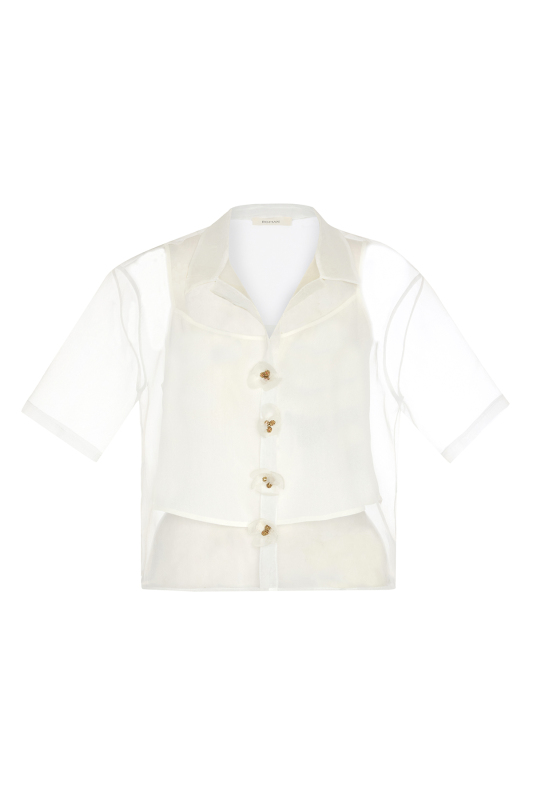 Çiçek Motifli Kısa Kol Organze Gömlek Beyaz - 5