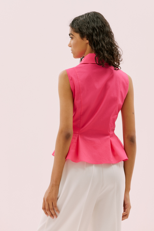 Çiçek Motifli Kolsuz Peplum Gömlek Fuşya - 2