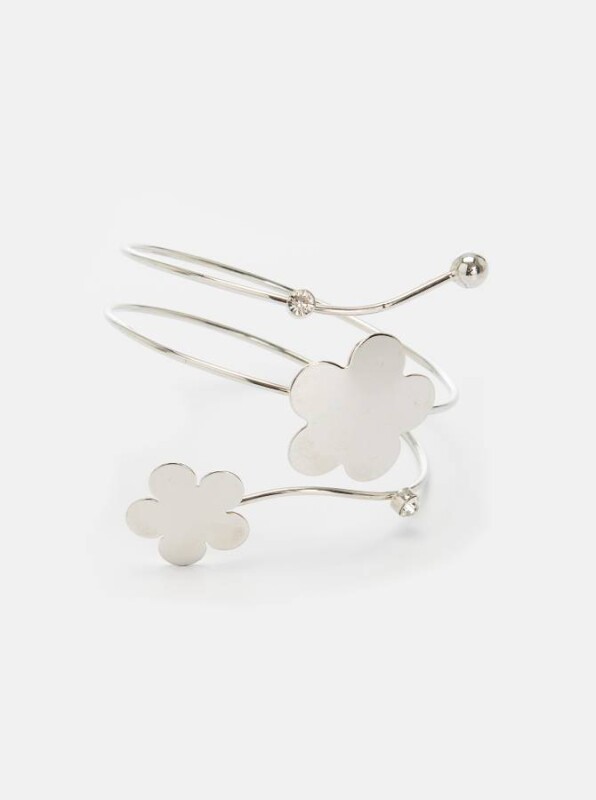 Çiçek ve Taşlı Gümüş Rengi Bilezik Gümüş - 1