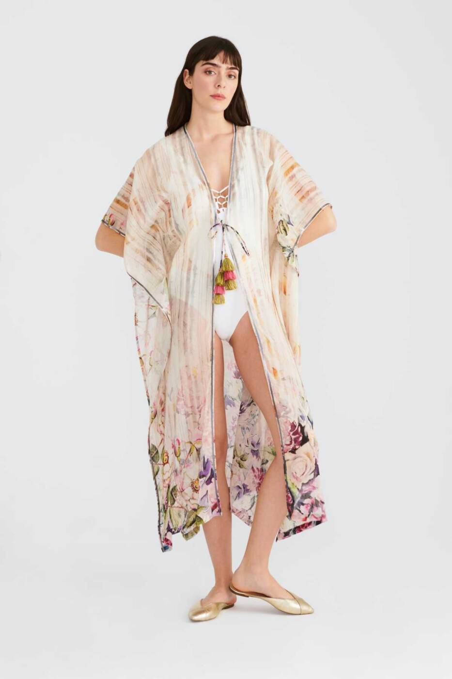 Çiçekli Bağlamalı Kimono Standart Renk - 1