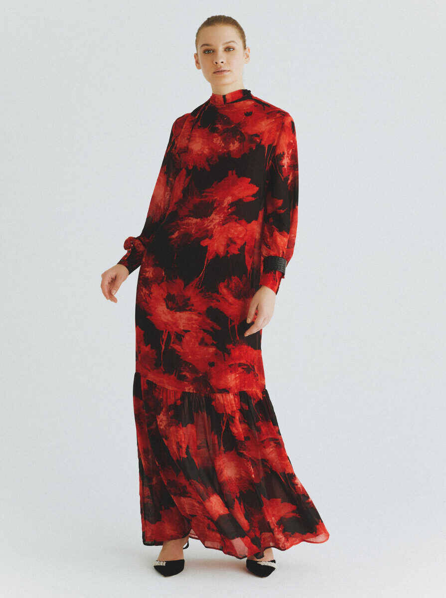  Çiçekli Şifon Elbise Standart Renk - 1
