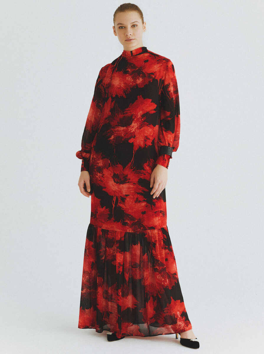  Çiçekli Şifon Elbise Standart Renk - 4