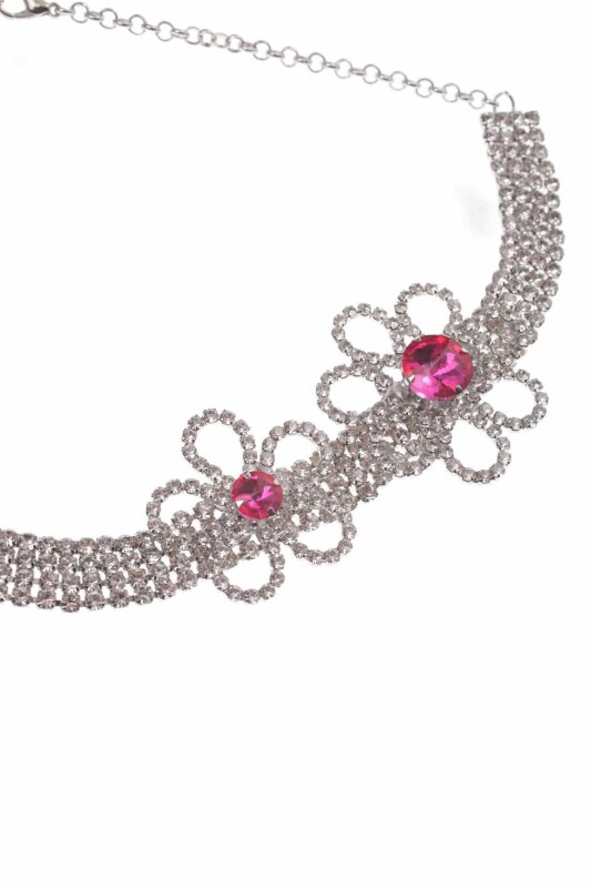  Çiçekli Taşlı Kolye Fuşya - 4