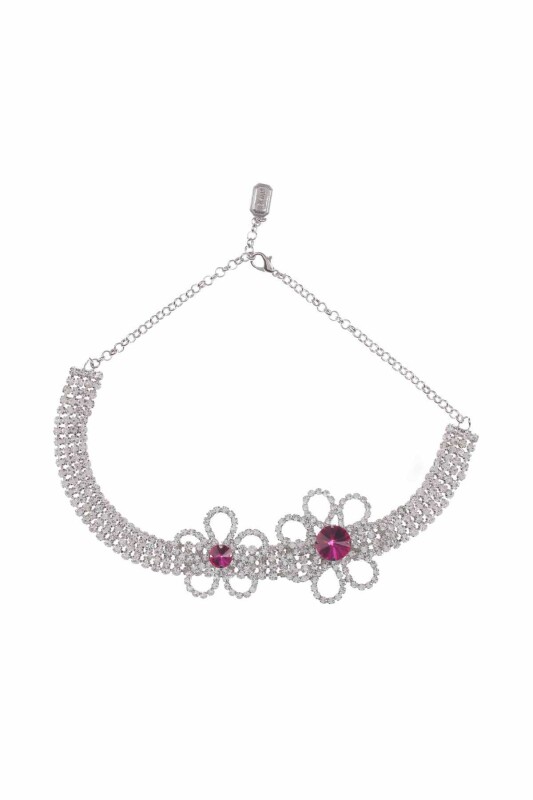  Çiçekli Taşlı Kolye Fuşya - 3
