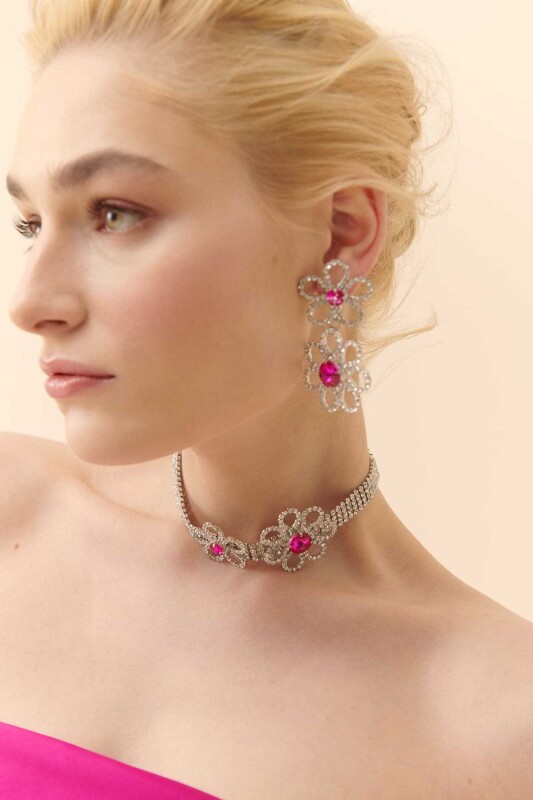  Çiçekli Taşlı Kolye Fuşya - 2
