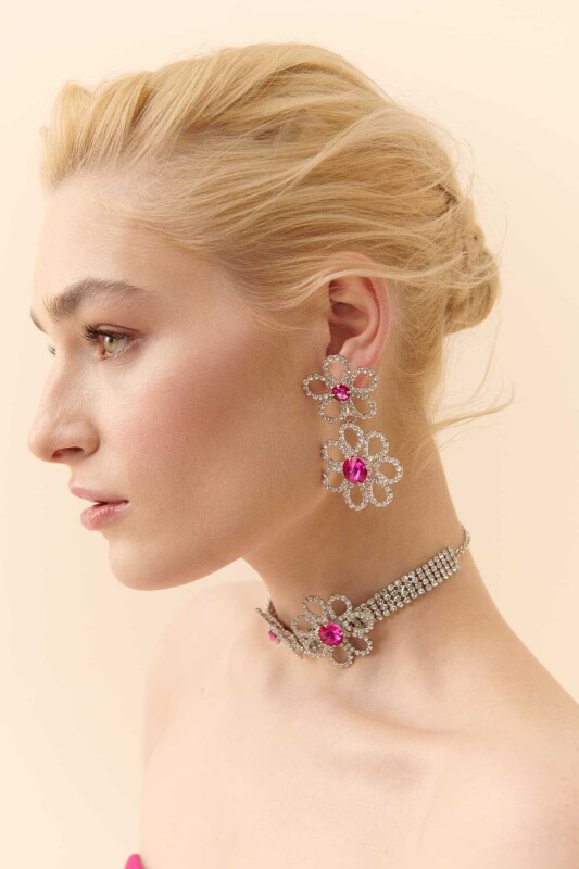  Çiçekli Taşlı Küpe Fuşya - 2