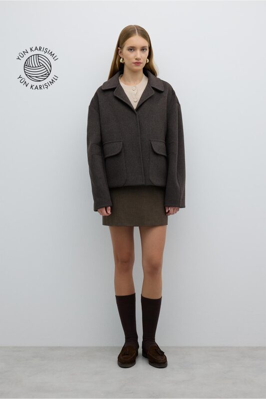 Çift Cepli Önden Çıtçıtlı Yün Karışımlı Mont Kahve - Roman