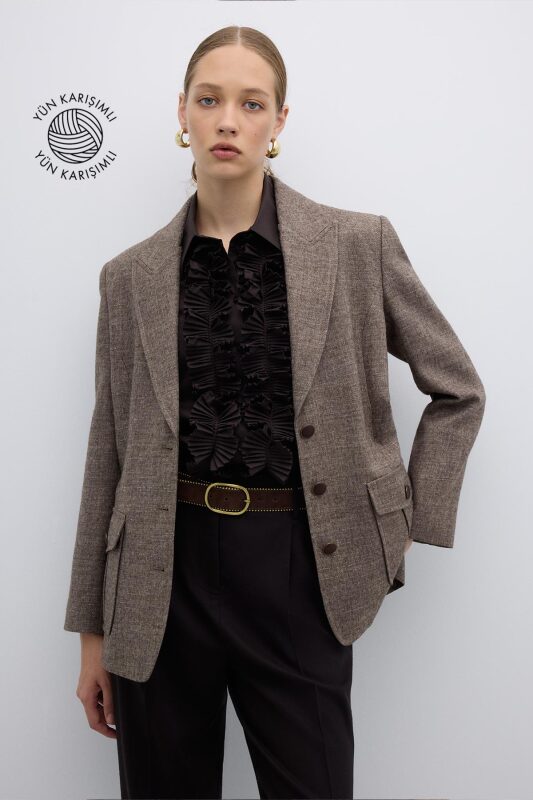 Çift Cepli Yün Karışımlı Ceket Kahve - Roman