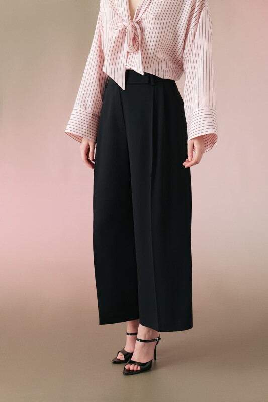 Çift Pileli Geniş Paça Krep Pantolon Siyah - 3