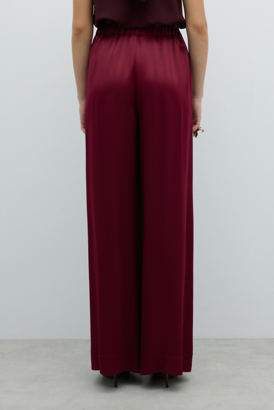 Çift Pileli Geniş Paça Saten Pantolon Bordo - 2