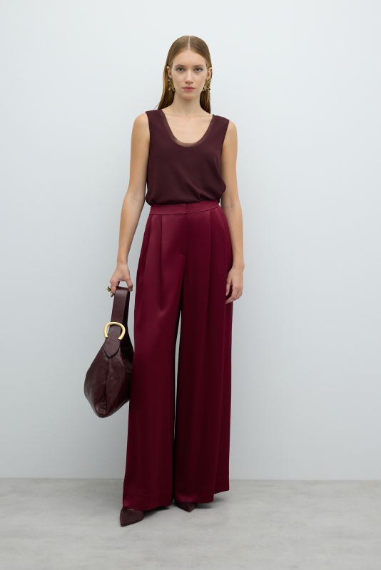 Çift Pileli Geniş Paça Saten Pantolon Bordo - 4
