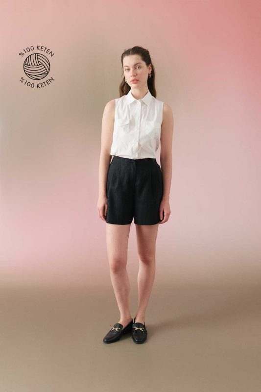 Çift Pileli Keten Şort Siyah - 1