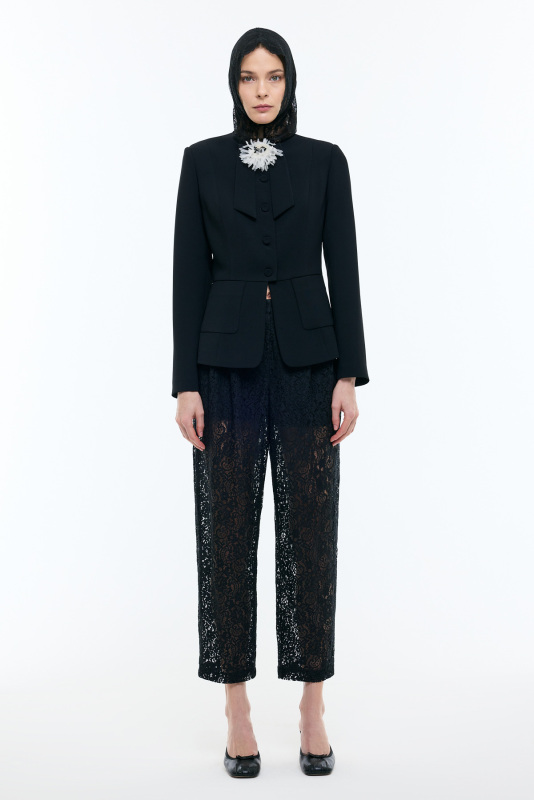 Çıkarılabilir Broş Detaylı Bele Oturan Çift Cepli Ceket Siyah - 3