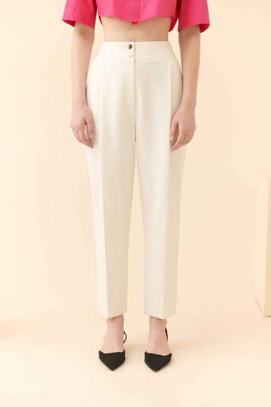  Çıt Çıt Düğmeli Likralı Krep Kadın Pantolon Ekru - 3