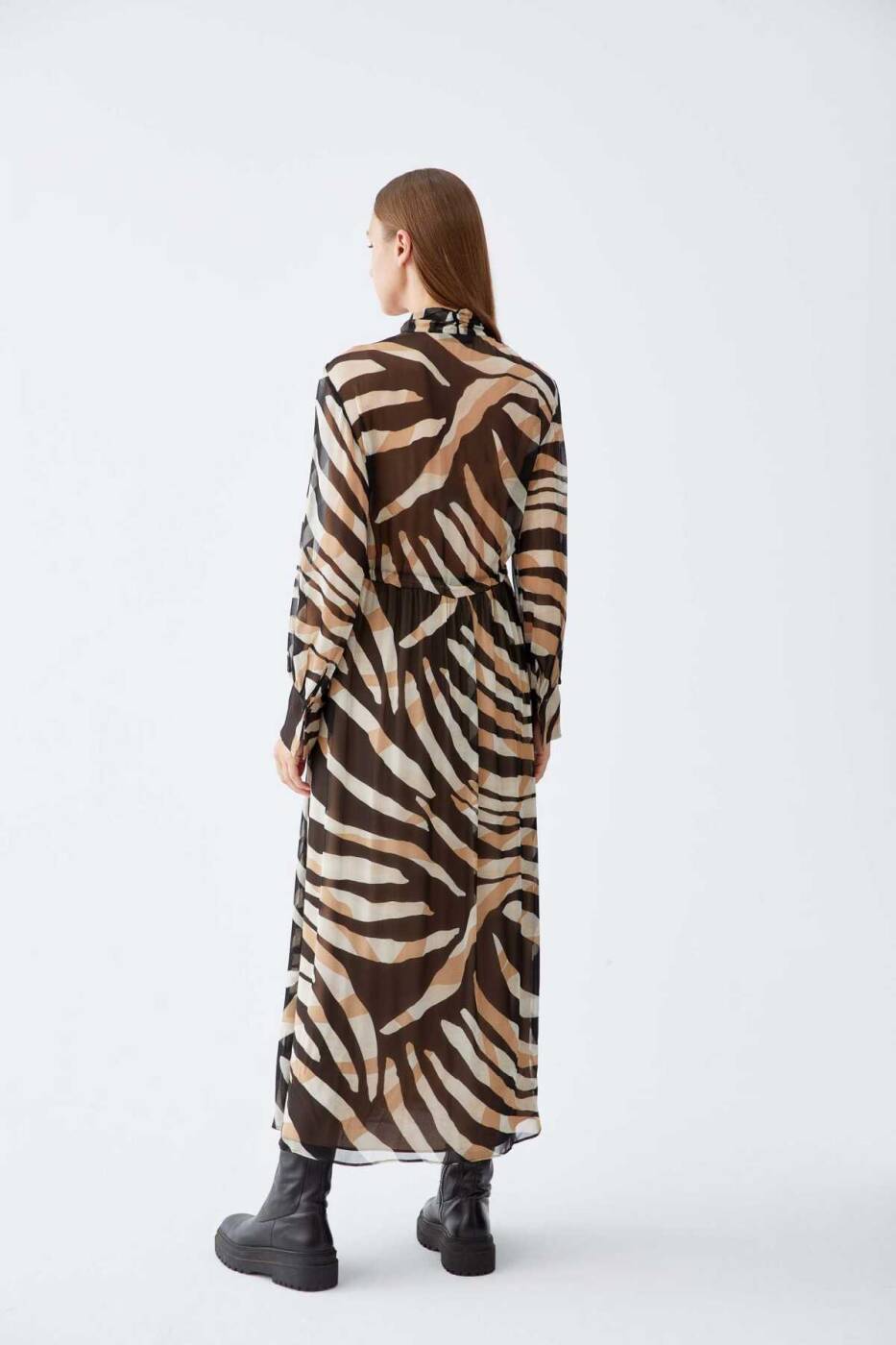  Çizgi Desenli Uzun Kol Şifon Elbise Standart Renk - 2