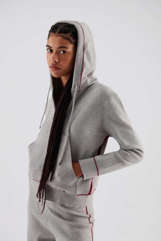  Çizgi Detaylı Triko Kadın Hırka Gri - 3