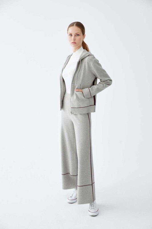  Çizgi Detaylı Triko Kadın Pantolon Gri - 3