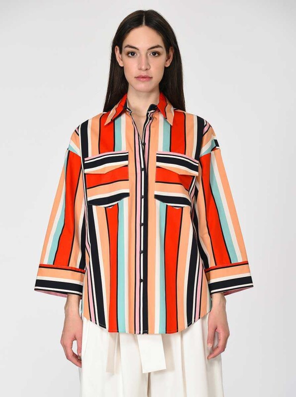 Çizgi Ve Renk Desenli Oversize Kadın Gömlek Standart Renk 