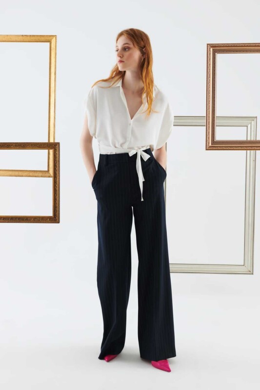 Çizgili Bol Paça Kadın Pantolon Standart Renk - 1