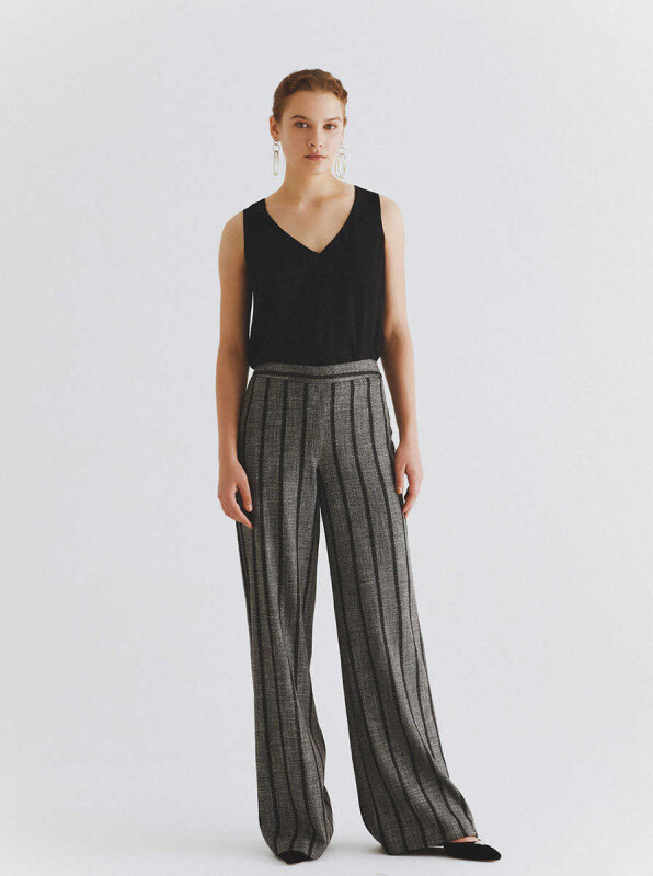  Çizgili Geniş Pantolon Gri-Siyah - 1