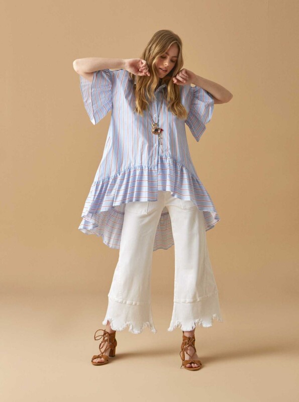 Çizgili Omuz Detaylı Bluz Standart Renk - 1