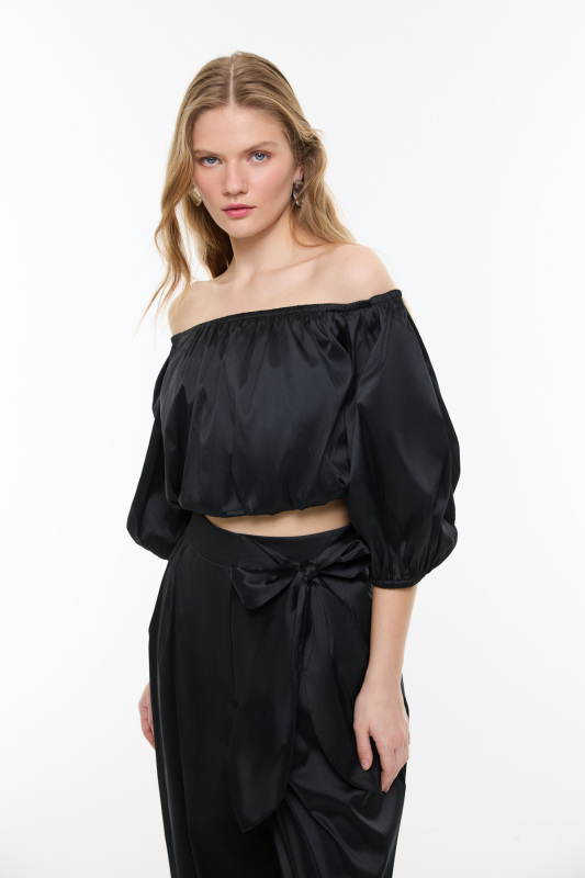 Crop Balon Kol Tafta Bluz Siyah - Roman