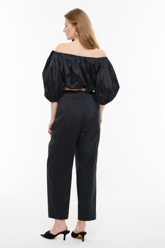 Crop Balon Kol Tafta Bluz Siyah - Roman (1)