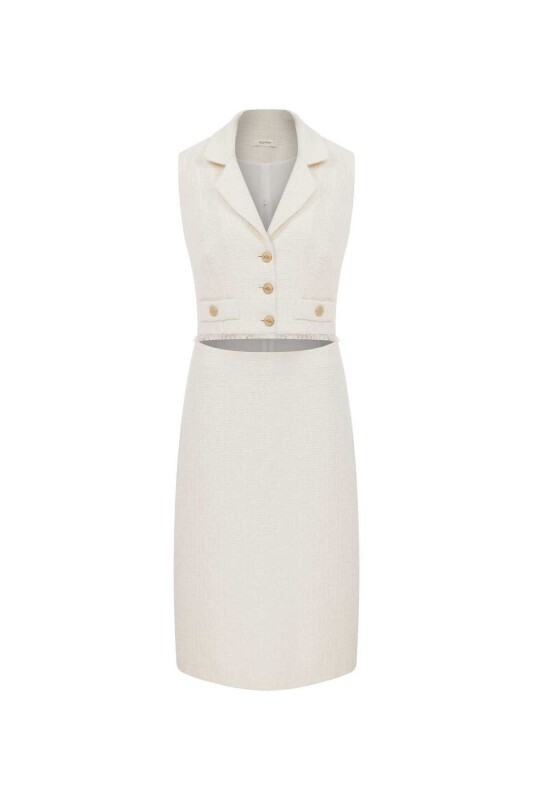  Cut Out Detaylı Midi Tüvit Elbise Kemik - 4