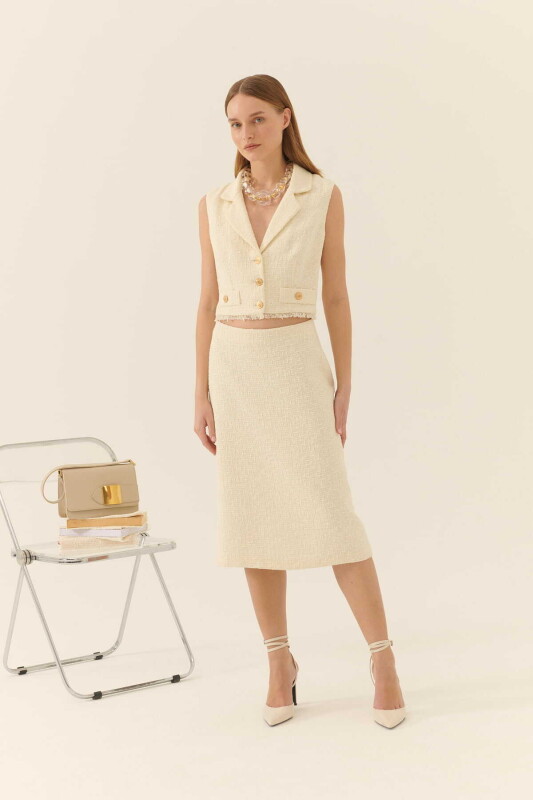  Cut Out Detaylı Midi Tüvit Elbise Kemik - 1