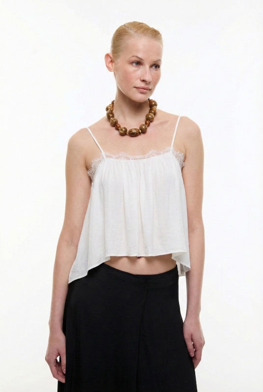 Dantel Detaylı İnce Askılı Bluz Beyaz - 3