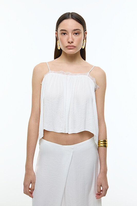 Dantel Detaylı İnce Askılı Bluz Beyaz - Roman