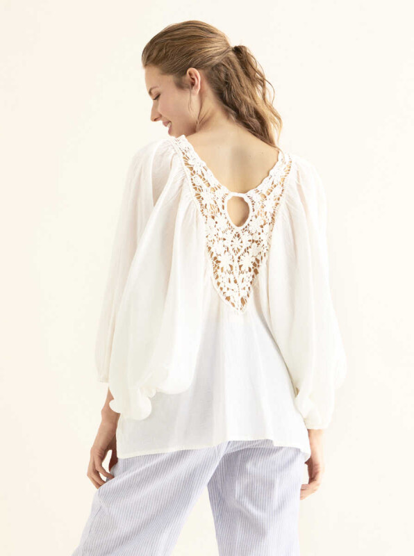 Dantel Detaylı Uzun Bluz Beyaz - 2