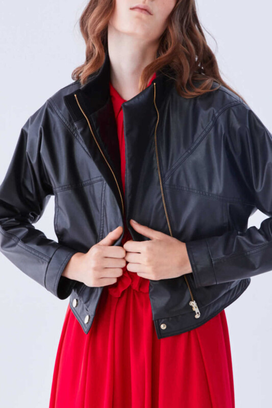 Deri Görünümlü Kısa Ceket Siyah - 3