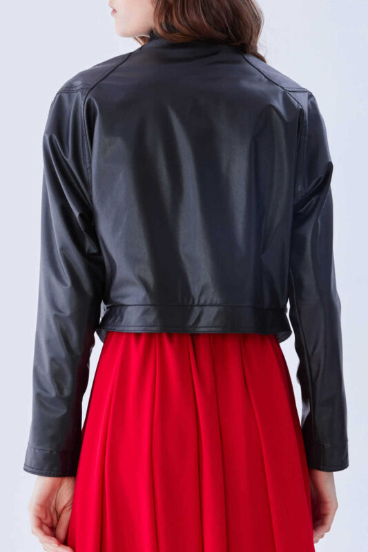 Deri Görünümlü Kısa Ceket Siyah - 2