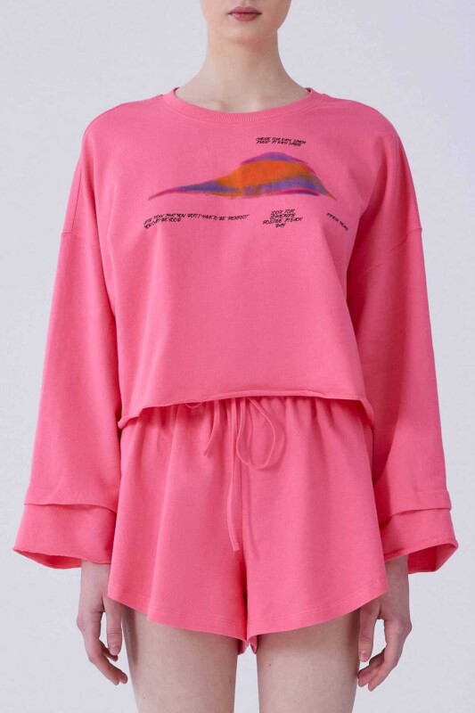 Desenli Crop Sweatshirt Pembe 