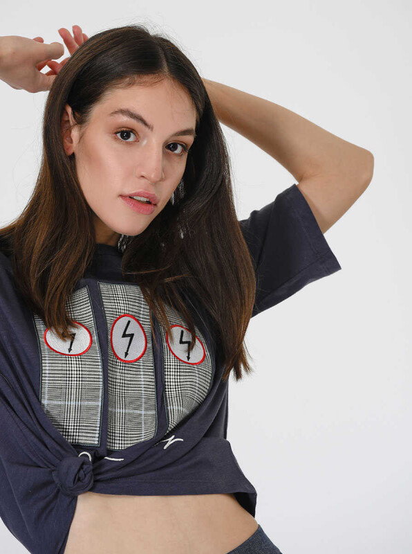 Desenli Geniş Kadın T-Shirt Antrasit - 4