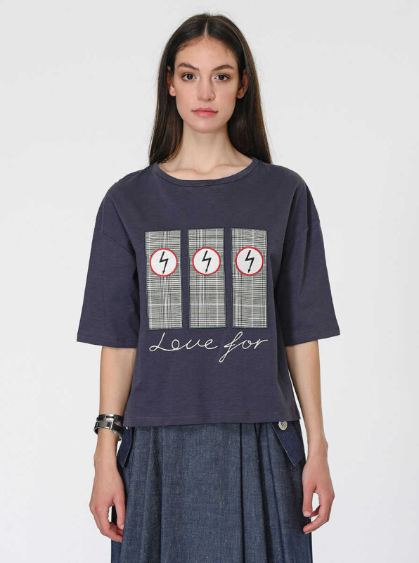 Desenli Geniş Kadın T-Shirt Antrasit - 1