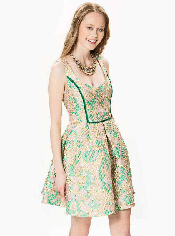 Desenli Kabarık Gold Mini Elbise Orginal - 1