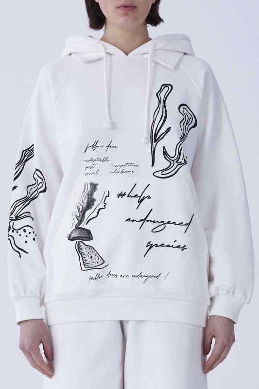 Desenli Kapüşonlu Sweatshirt Beyaz 