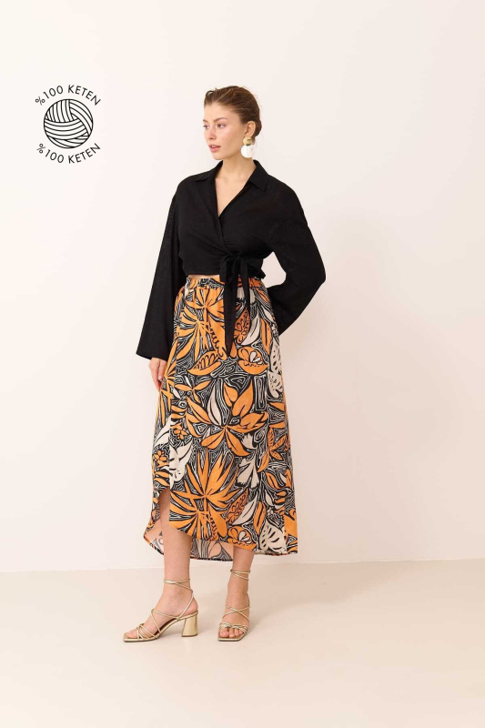 Desenli Keten Etek Standart Renk - Roman