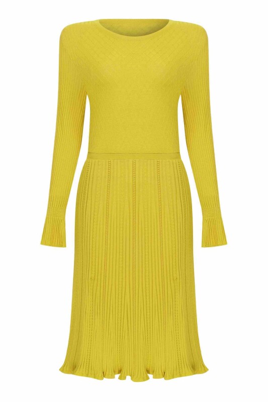  Desenli Triko Elbise Sarı - 4